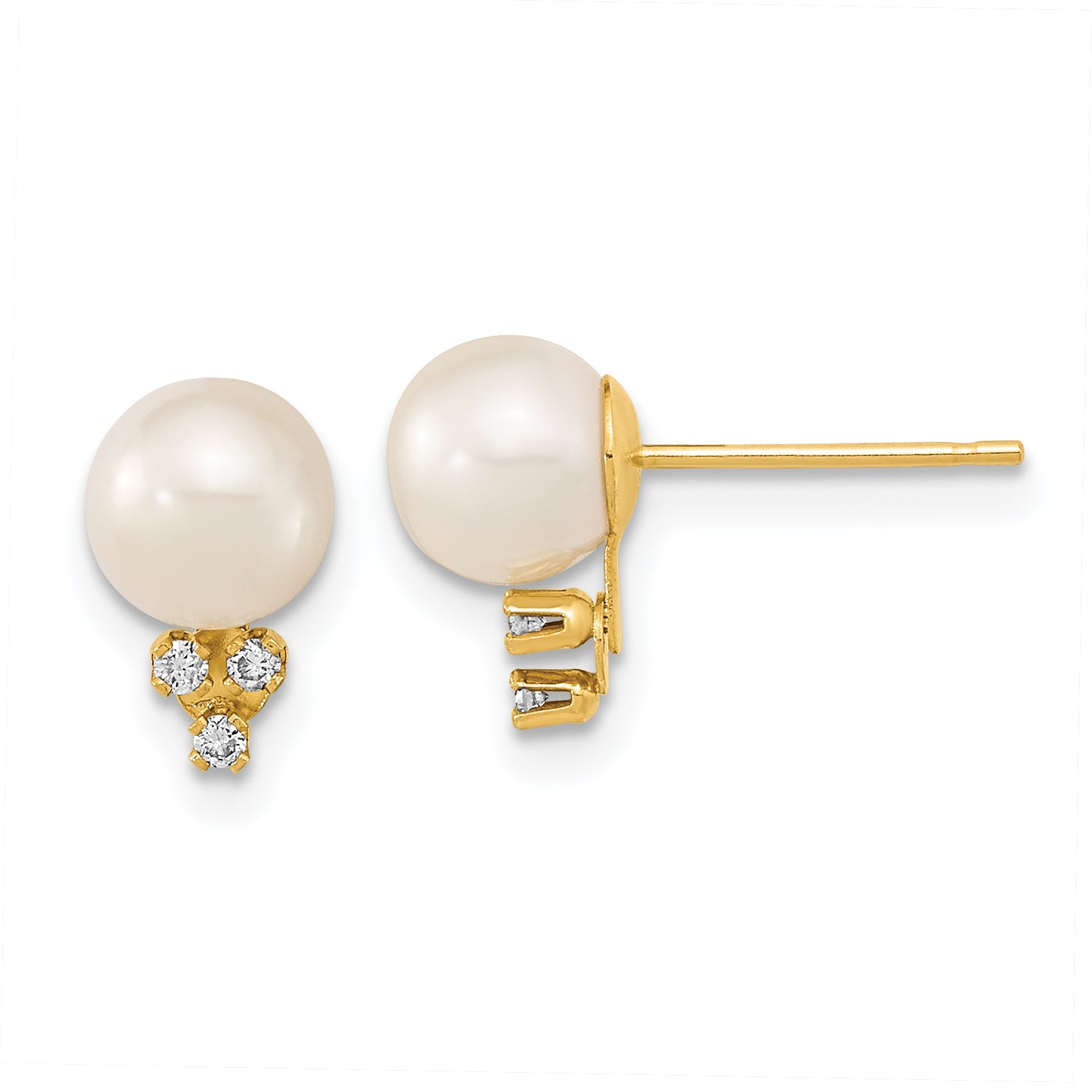 14k 6-7mm White Round Freshwater Cultured Pearl .06ct Diamond Post Earrings