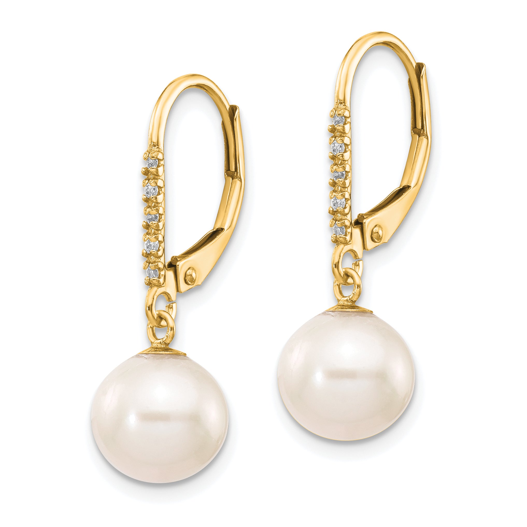 14k 8-9mm White Round FWC Pearl .05ct Diamond Leverback Earrings