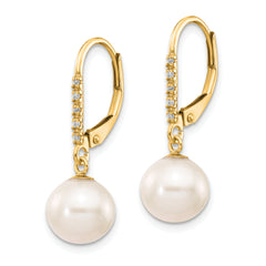 14k 8-9mm White Round FWC Pearl .05ct Diamond Leverback Earrings