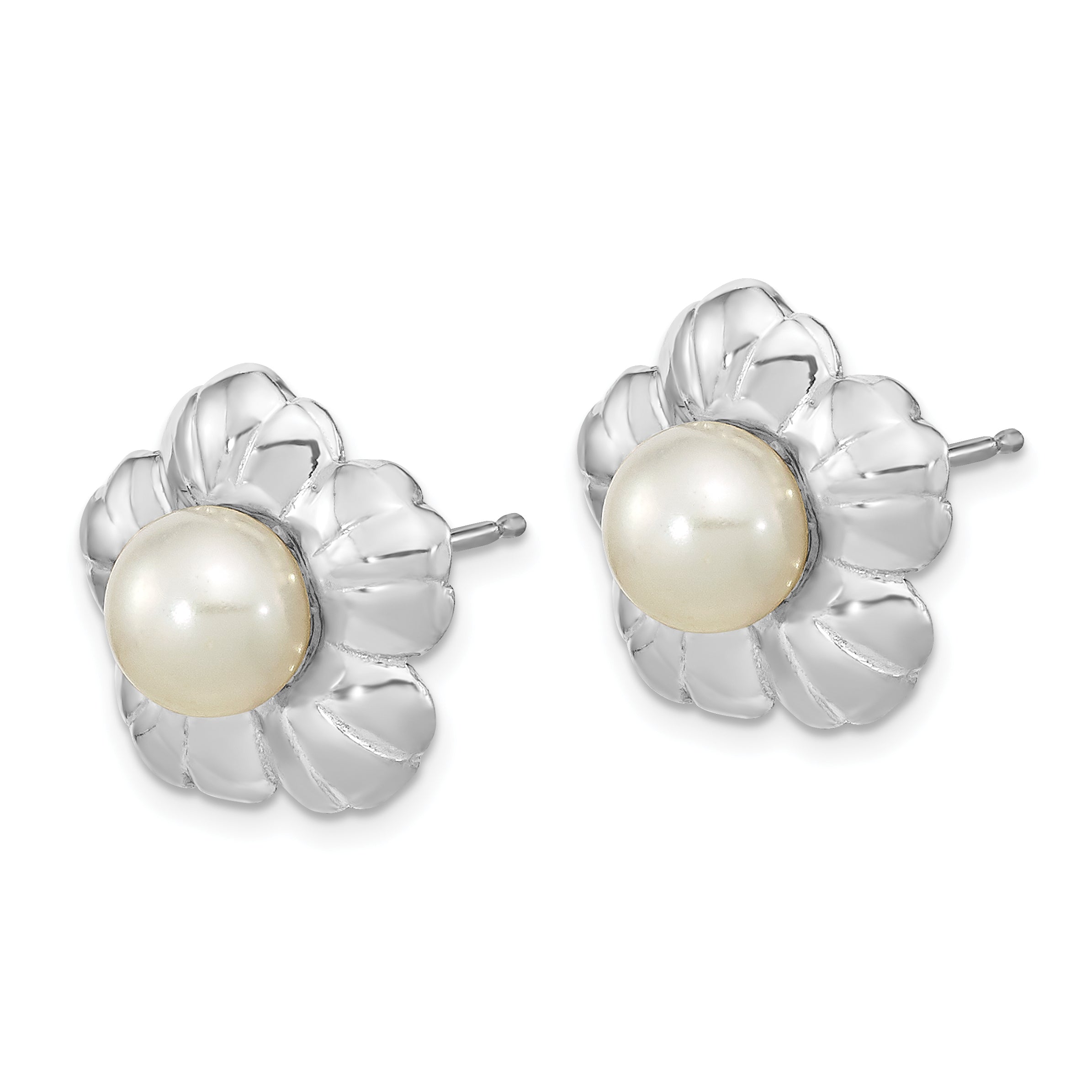 14k White Gold 5-6mm White Button FWC Pearl Flower Post Earrings