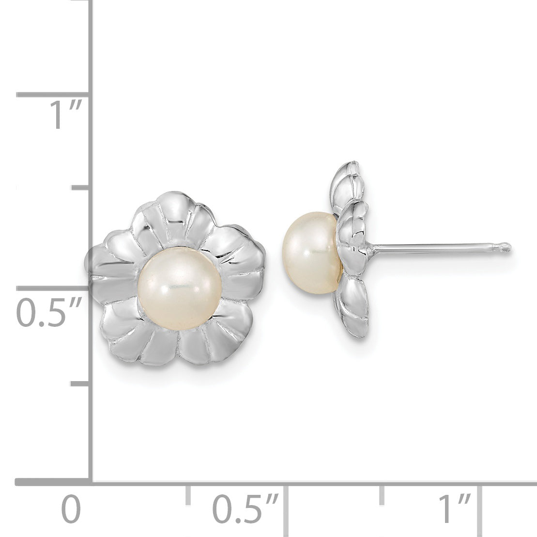 14k White Gold 5-6mm White Button FWC Pearl Flower Post Earrings