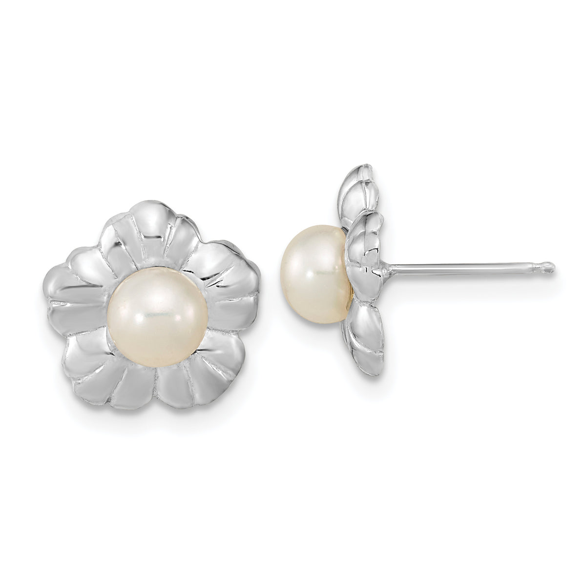 14k White Gold 5-6mm White Button FWC Pearl Flower Post Earrings