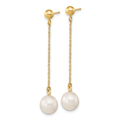 14k 7-8mm White Round Freshwater Cultured Pearl Dangle Post Earrings