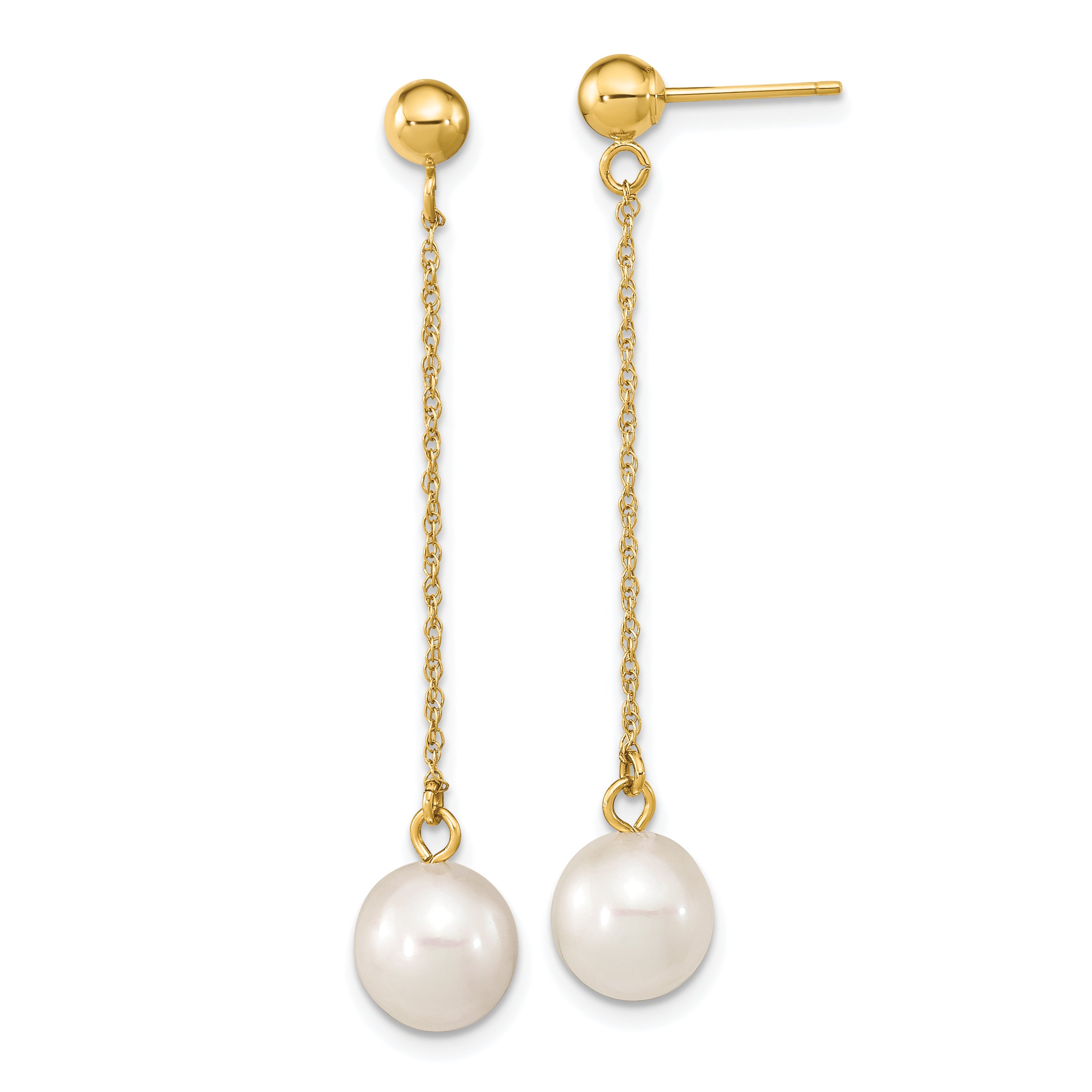 14k 7-8mm White Round Freshwater Cultured Pearl Dangle Post Earrings