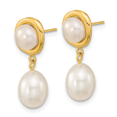 14k 5-7mm White Button/Rice Freshwater Cultured Pearl Dangle Post Earrings