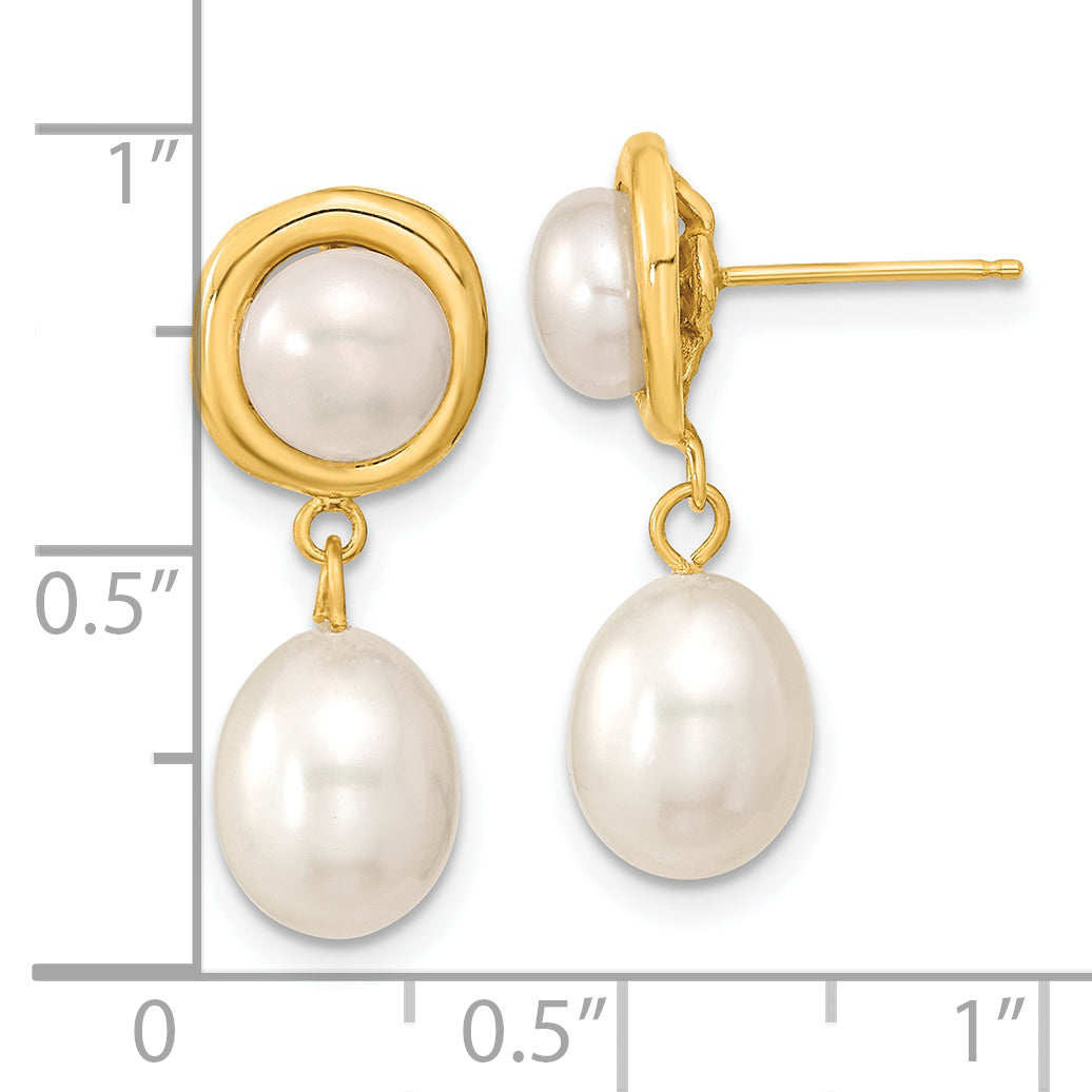 14k 5-7mm White Button/Rice Freshwater Cultured Pearl Dangle Post Earrings