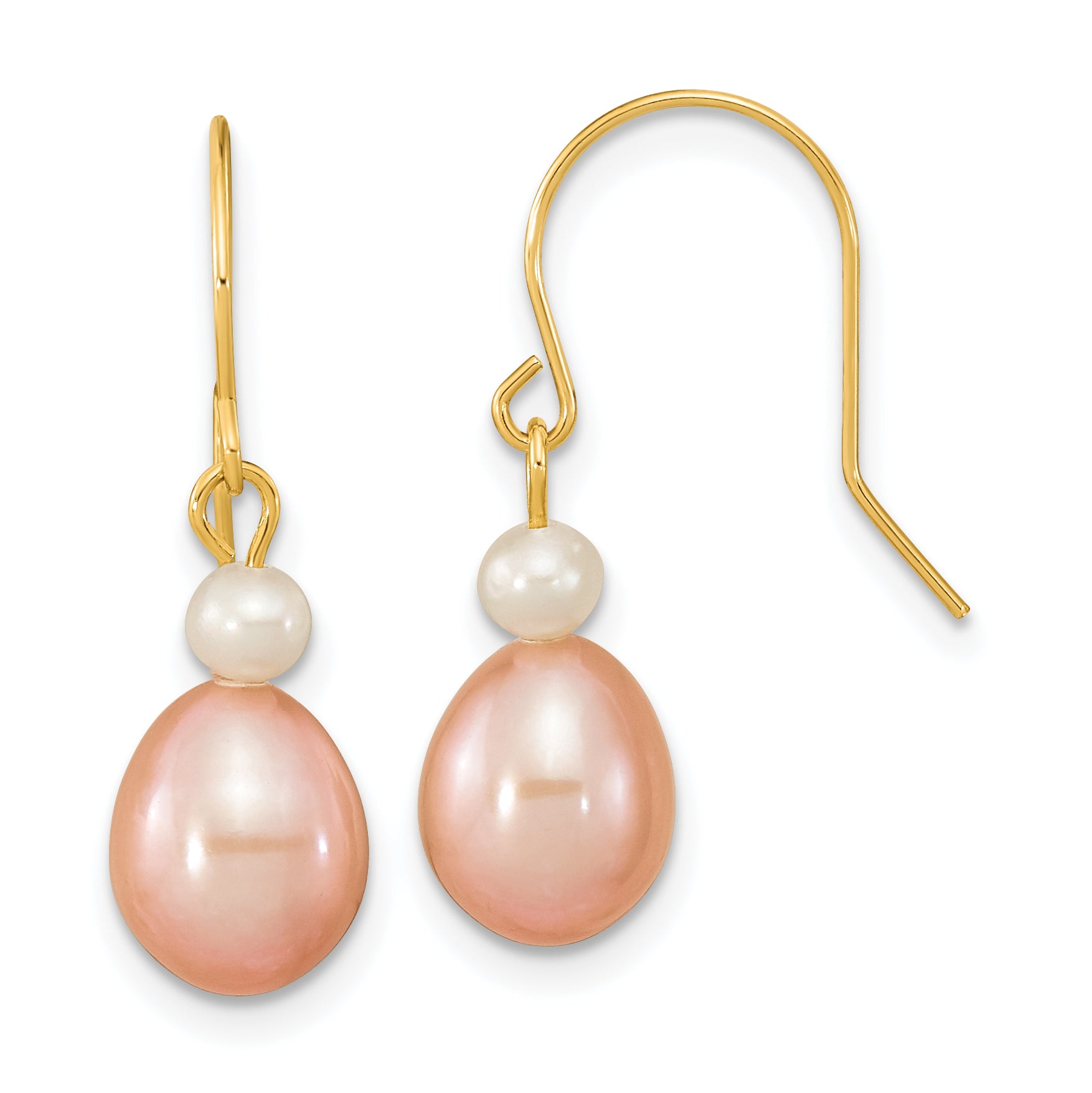 14k 7-8mm White/Pink Round/Rice FW Cultured Pearl Dangle Earrings