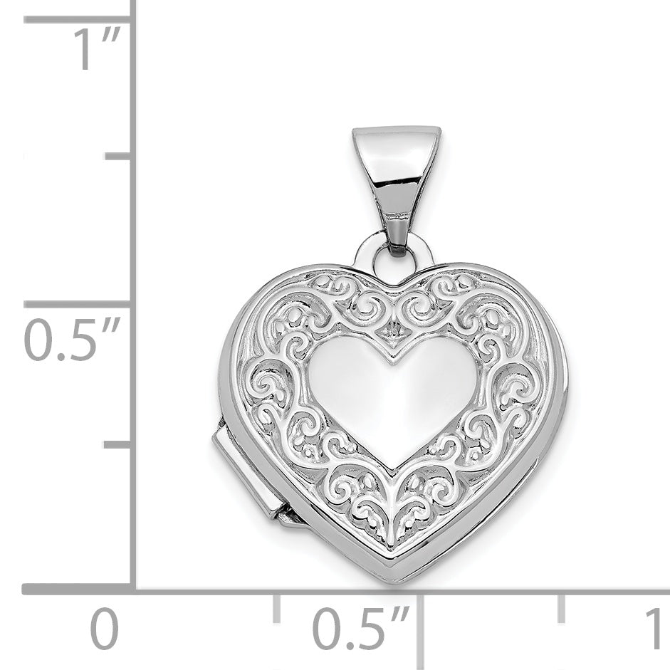 14K White Gold Scroll Pattern Heart Locket