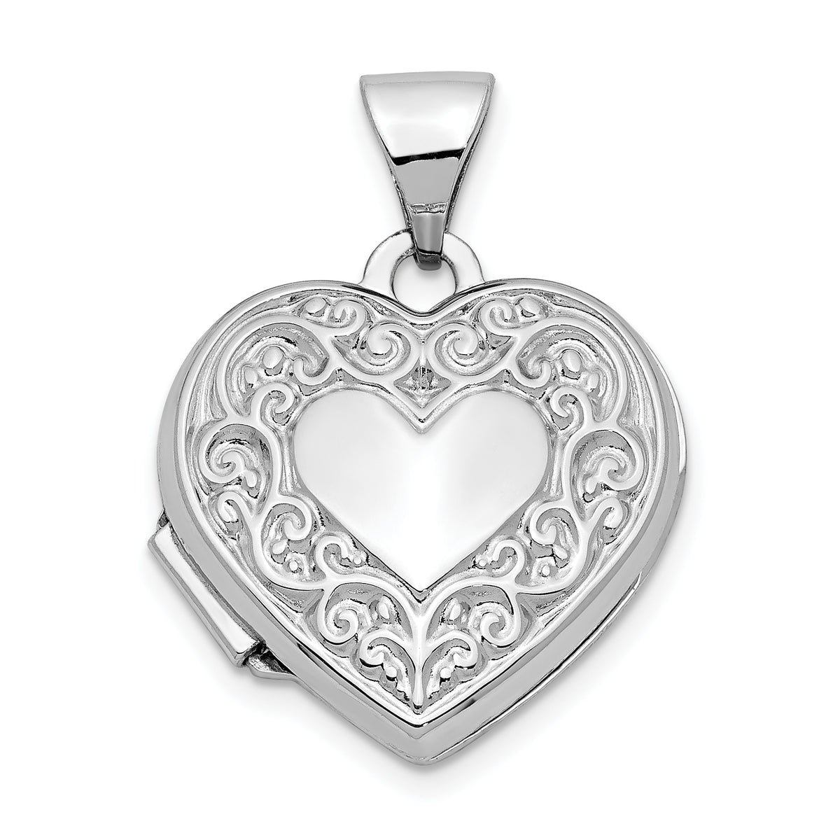 14k White Gold Scroll Pattern Heart Locket