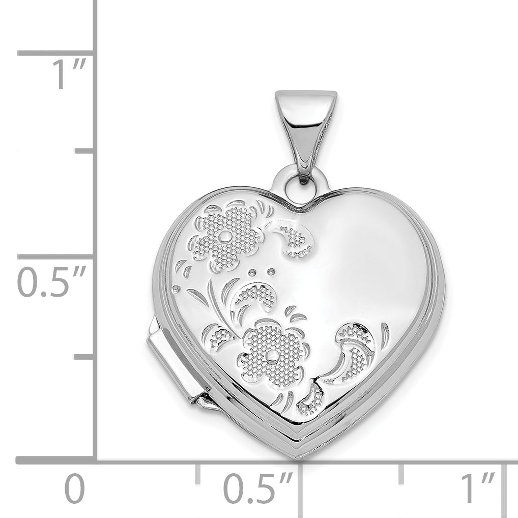 14K White Gold Polished Textured Floral Heart Locket