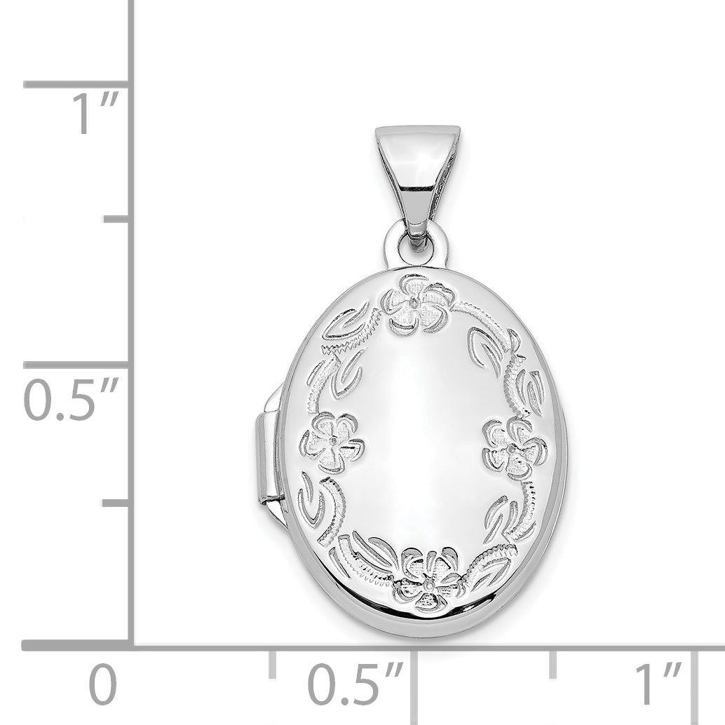 14K White Gold 17mm Oval Leaf Floral Hand Engraved Locket