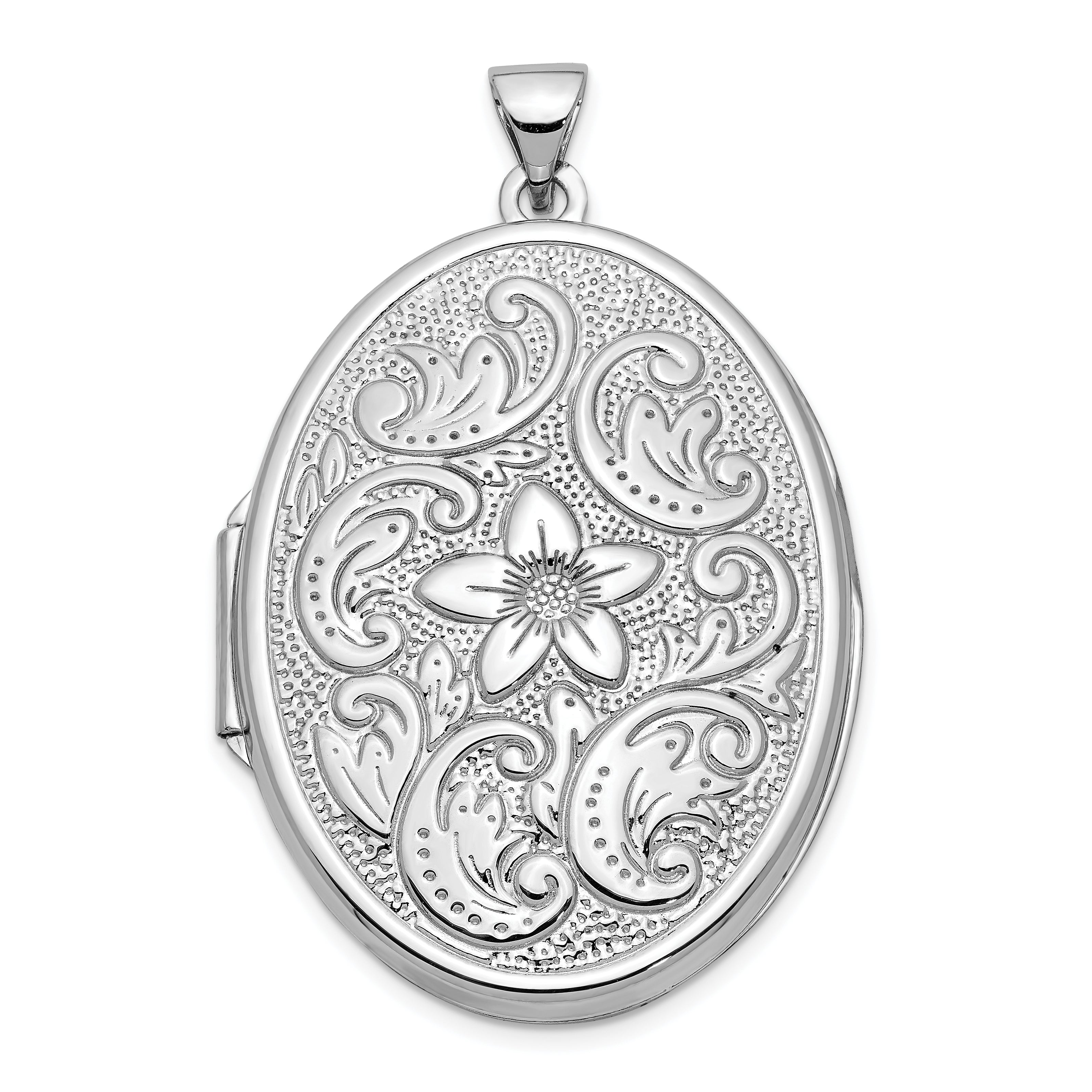 14k White Gold 32mm Oval Flower With Scrolls Locket