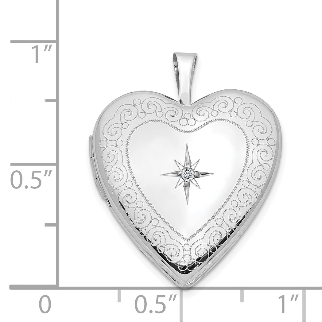 14K White Gold Diamond Side Swirl Edge 20mm Heart Locket