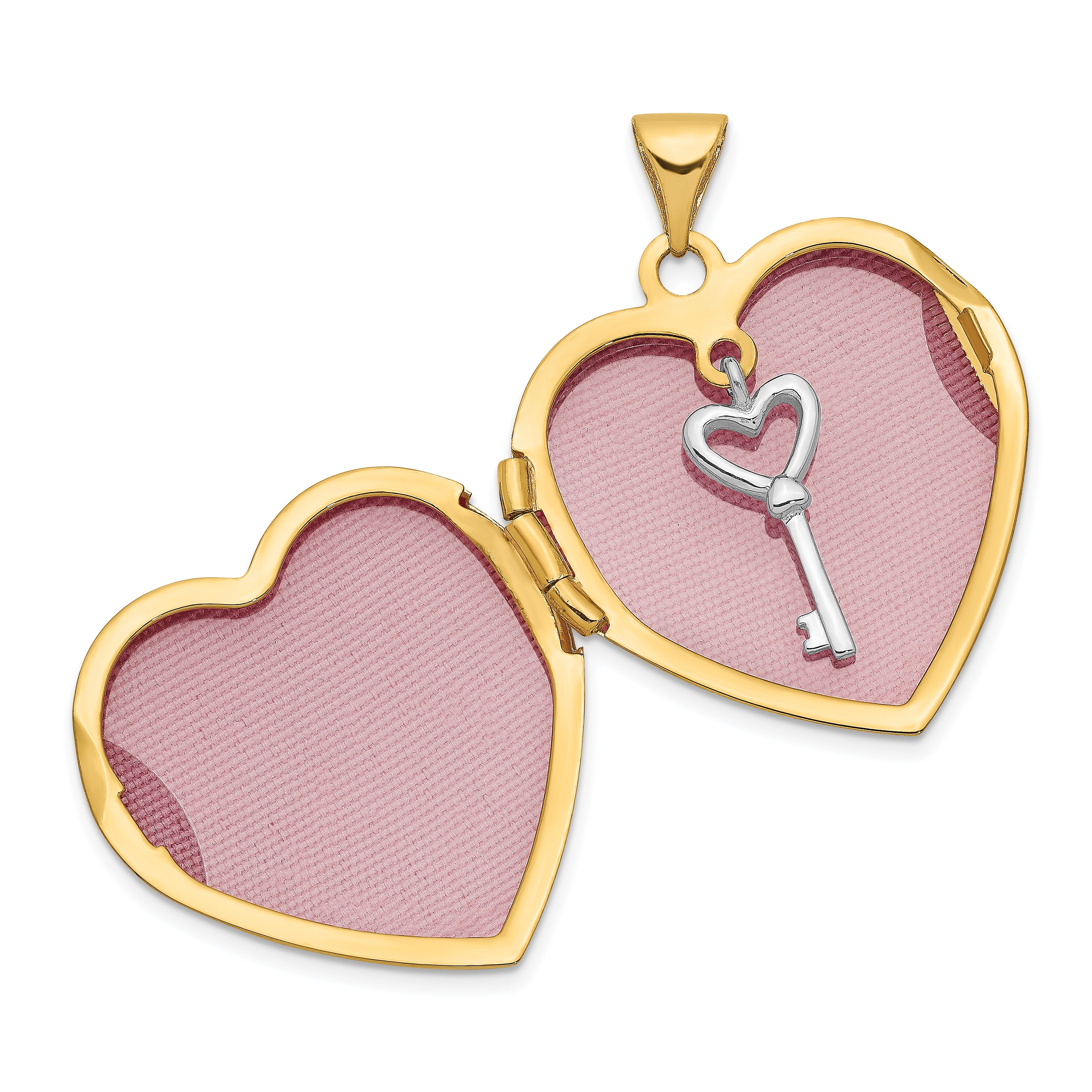 14K Two-tone With  White Rhodium Heart With Key Charm Inside Heart Locket