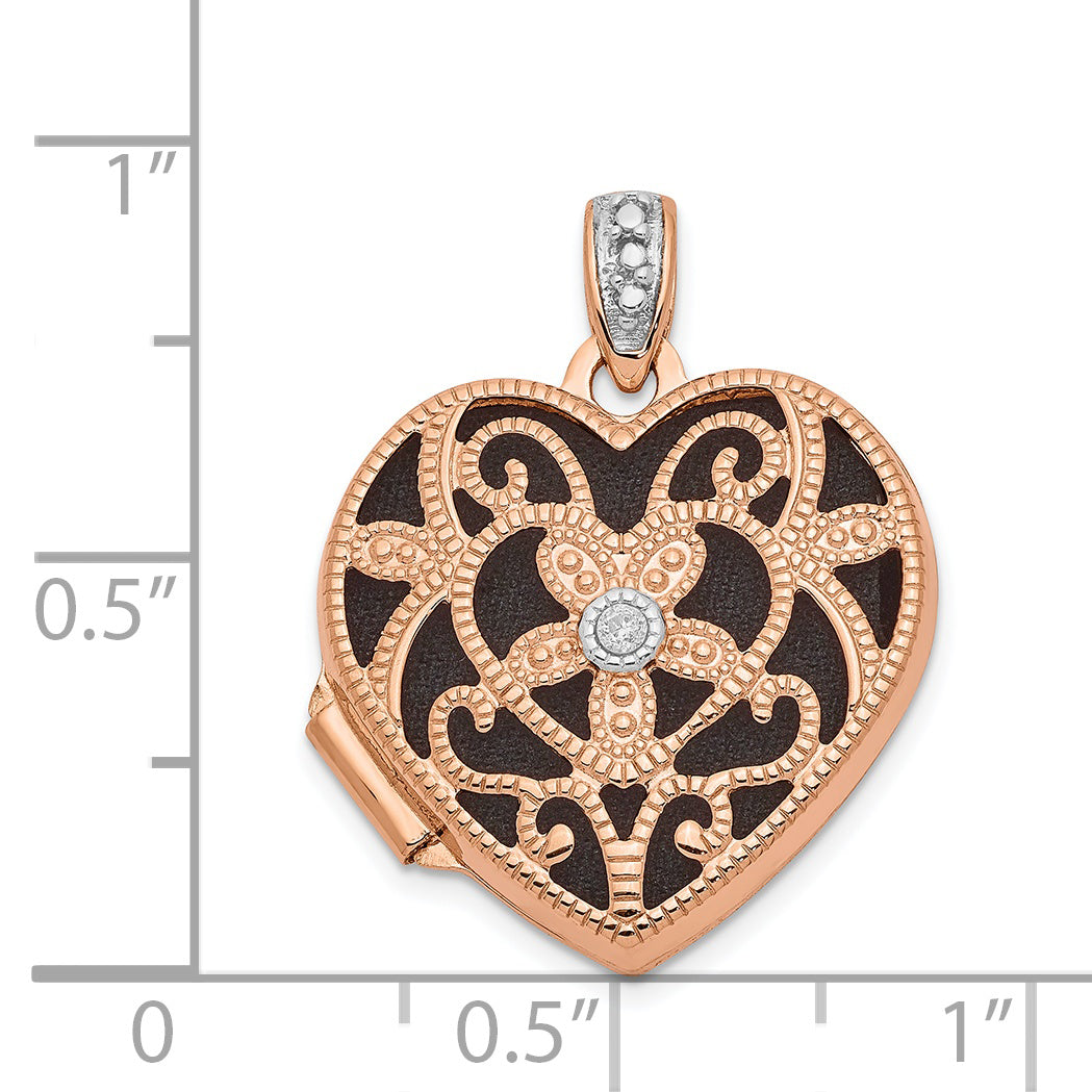 14K Rose Gold 18mm Vintage Heart w/Diamond blk interior Locket