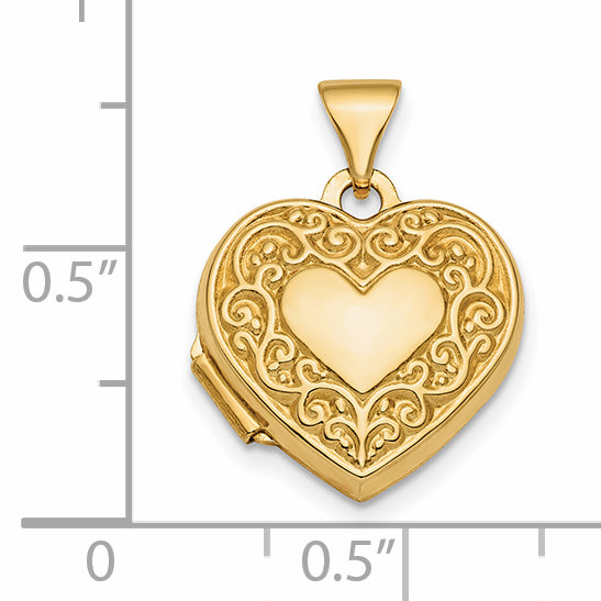 14K Polished Fancy Scroll Design Front & Back 15mm Heart Locket