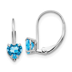 14k White Gold 5mm Heart Blue Topaz Leverback Earrings