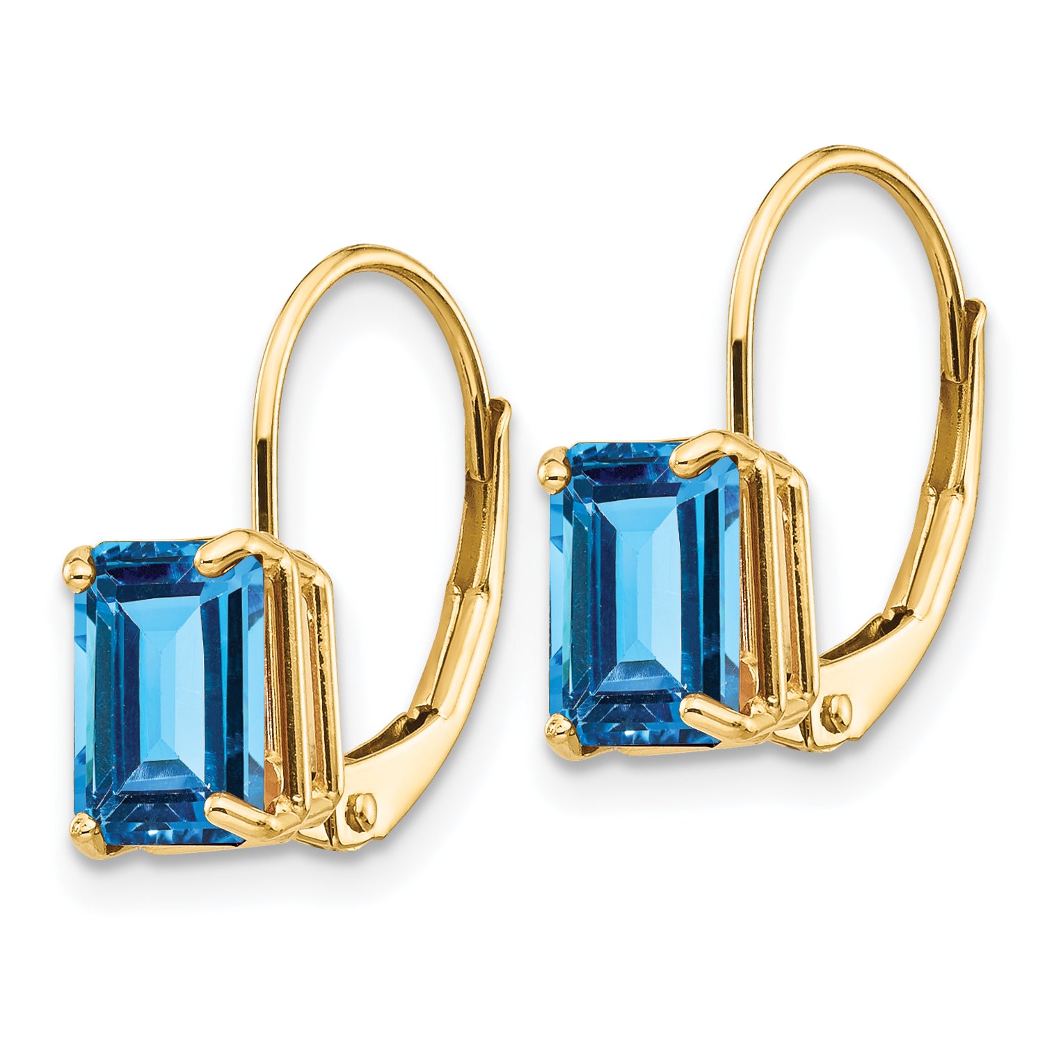 14k 7x5mm Emerald Cut Blue Topaz Leverback Earrings