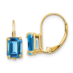 14k 7x5mm Emerald Cut Blue Topaz Leverback Earrings