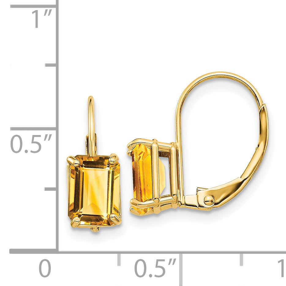 14k 7x5mm Emerald Cut Citrine Leverback Earrings