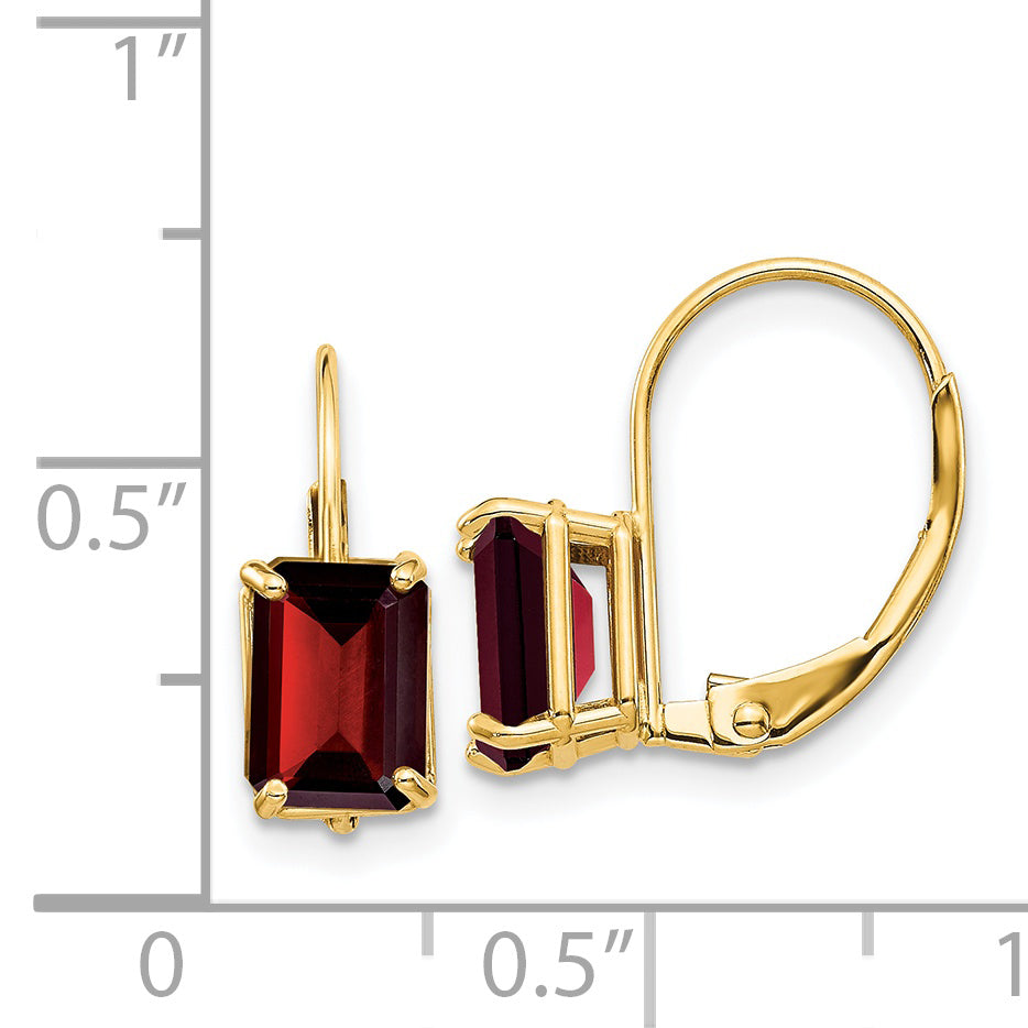 14k 7x5mm Emerald Cut Garnet Leverback Earrings