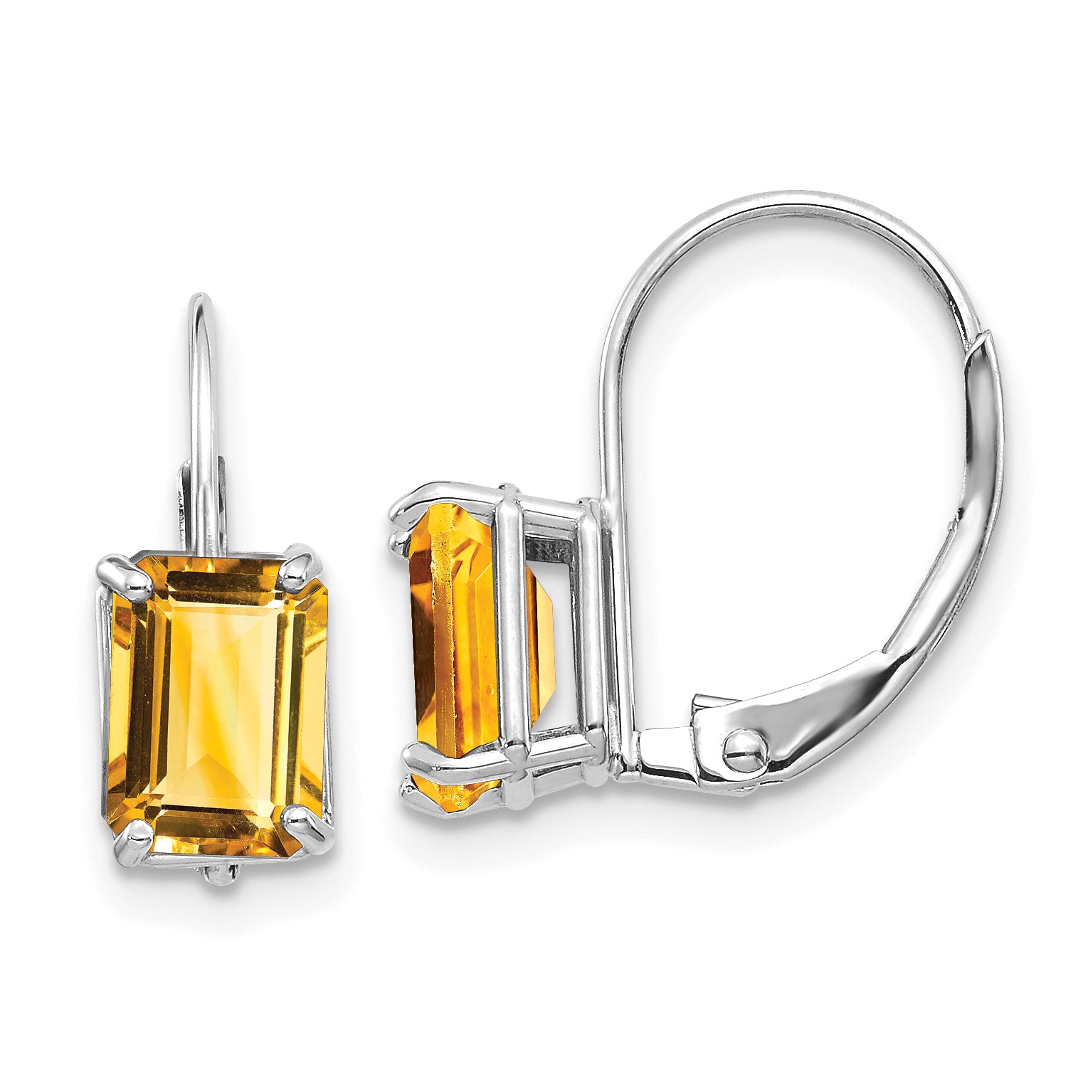 14k White Gold 7x5mm Emerald Cut Citrine Earrings