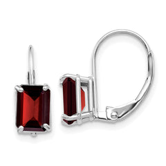 14k White Gold Emerald Cut Garnet Leverback Earrings