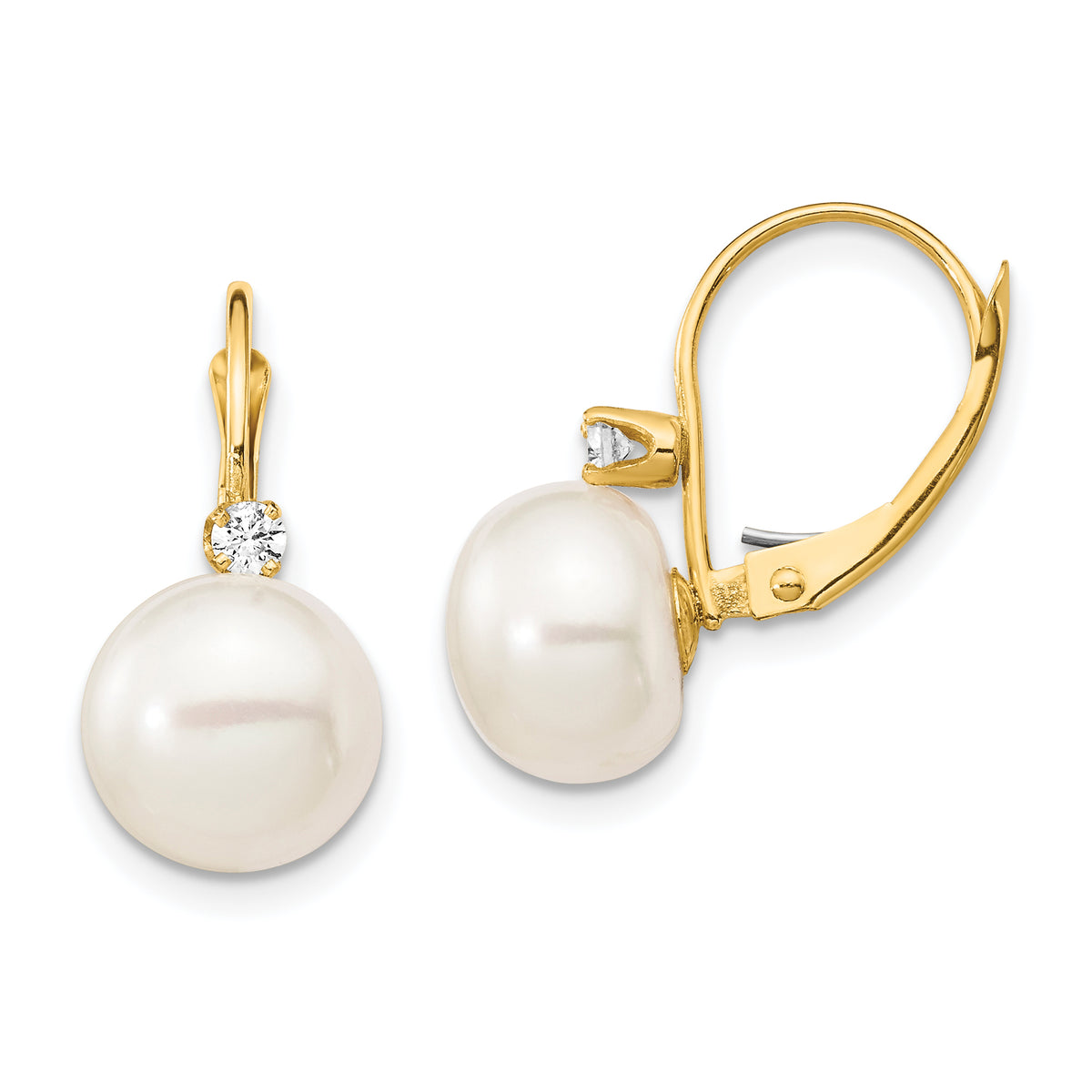 14K 10-11mm White Button FWC Pearl .10ct Diamond Leverback Earrings