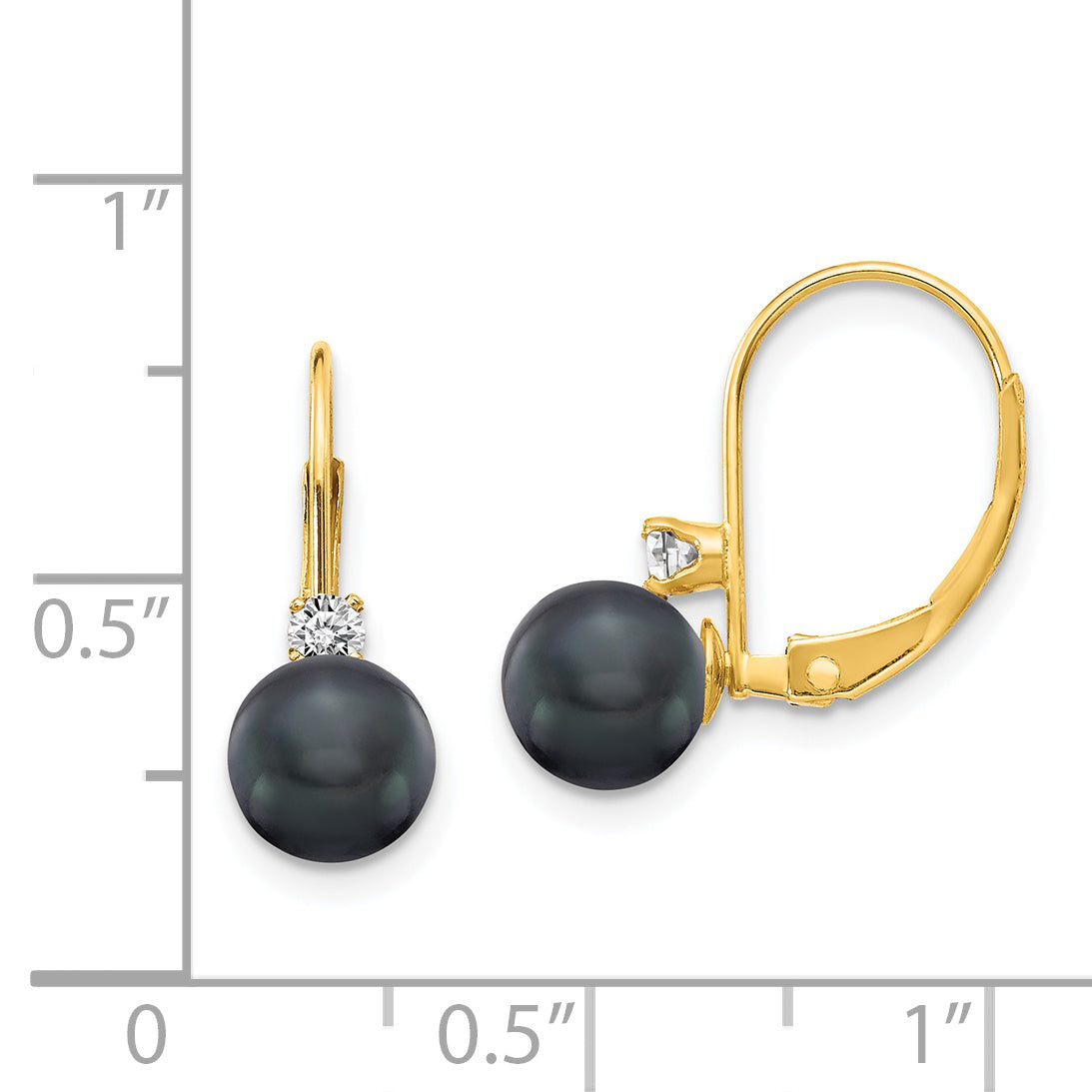 14k 6-7mm Black FW Cultured Pearl AA Diamond Leverback Earrings