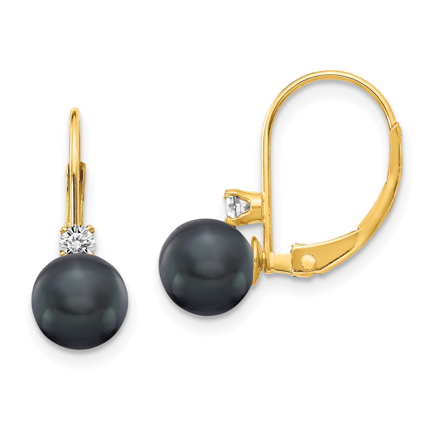 14k 6-7mm Black FW Cultured Pearl AA Diamond Leverback Earrings