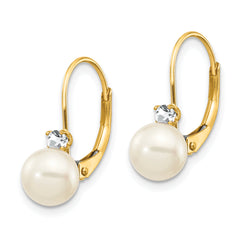 14k 6-7mm White Round FW Cultured Pearl AA Diamond Leverback Earrings