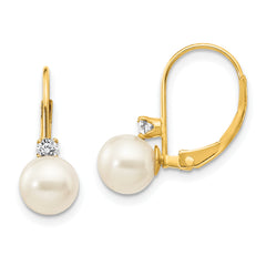 14k 6-7mm White Round FW Cultured Pearl AA Diamond Leverback Earrings