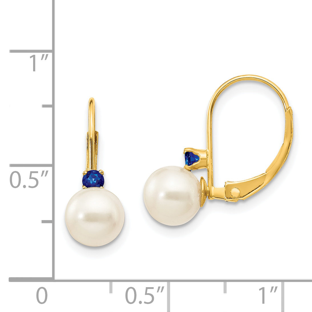 14k 6-6.5mm White Round FW Cultured Pearl Sapphire Leverback Earrings