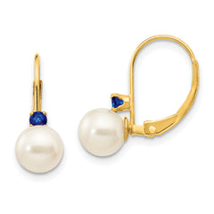 14k 6-6.5mm White Round FW Cultured Pearl Sapphire Leverback Earrings