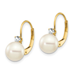 14k 7-8mm Whtie Round FW Cultured Pearl AA Diamond Leverback Earrings