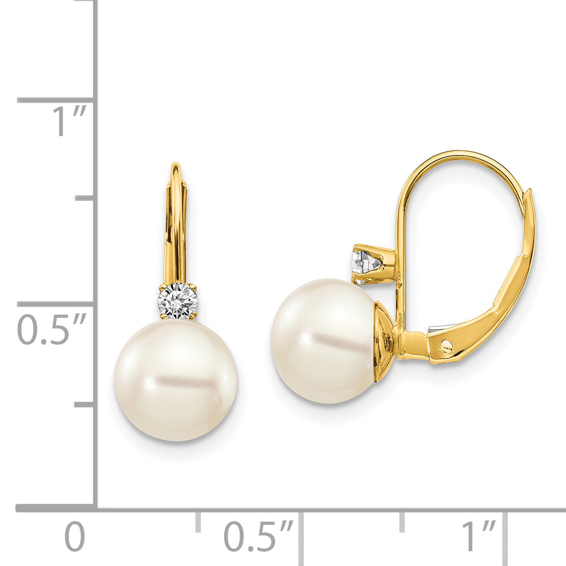 14k 7-8mm Whtie Round FW Cultured Pearl AA Diamond Leverback Earrings