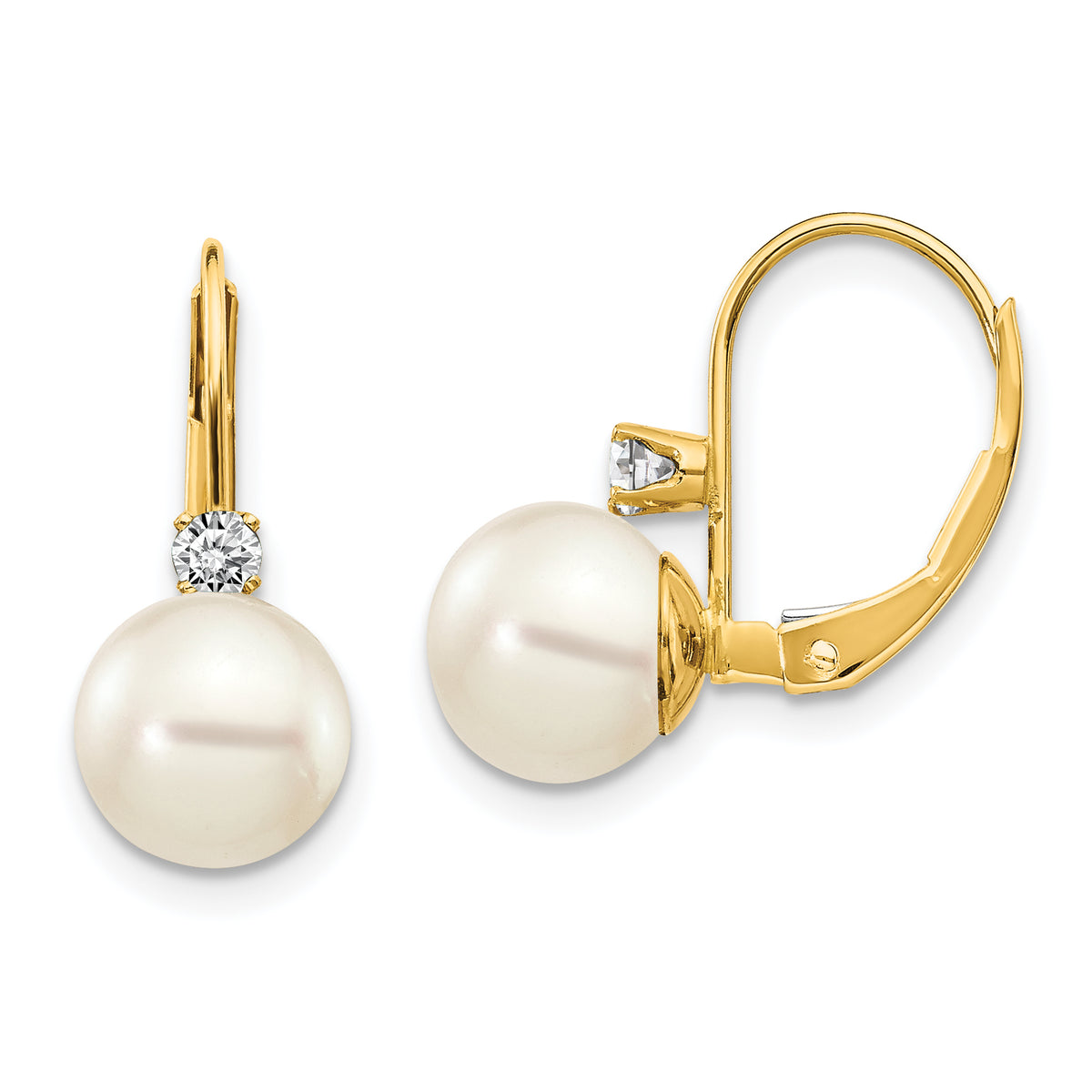 14k 7-8mm Whtie Round FW Cultured Pearl AA Diamond Leverback Earrings