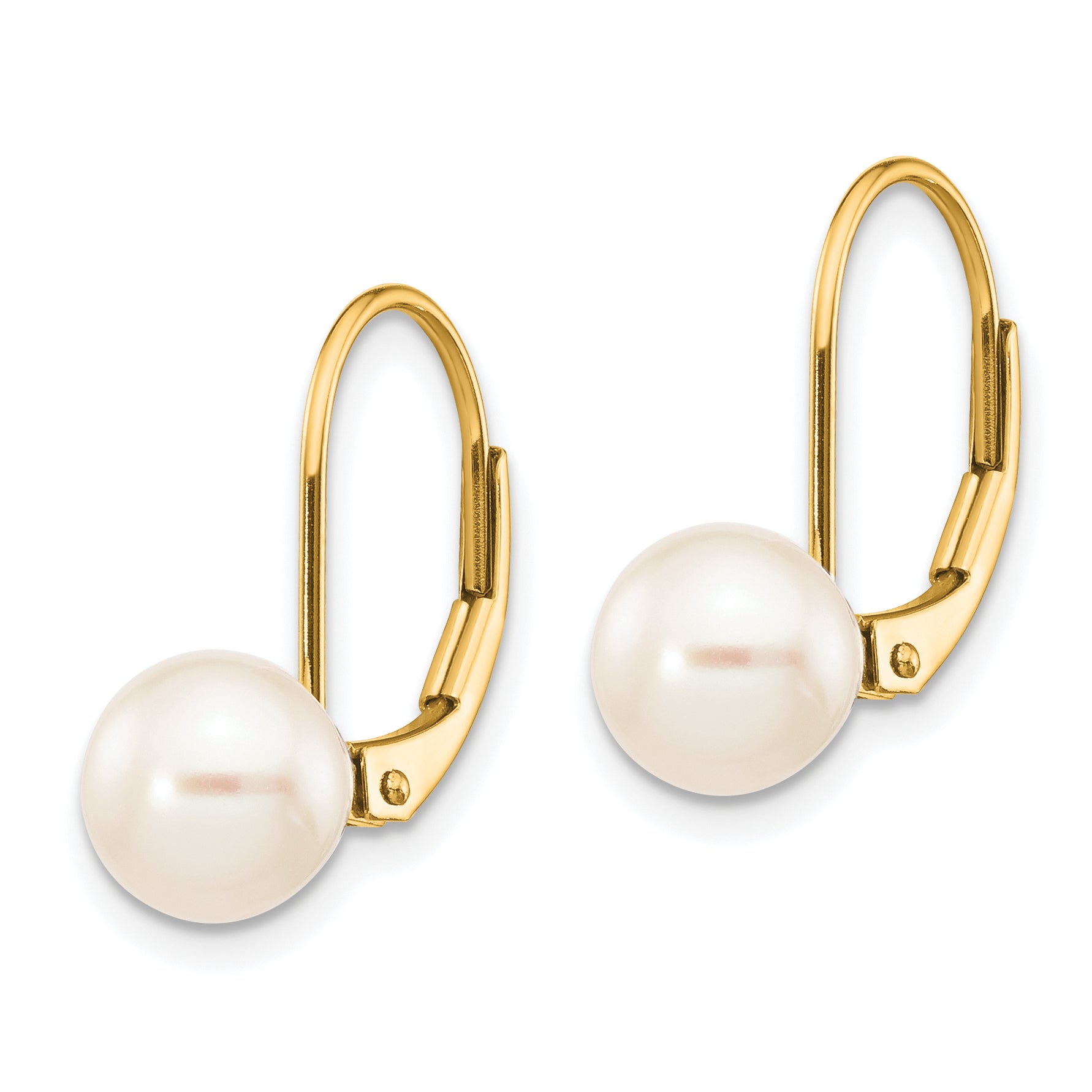 14k 7-8mm White Round Freshwater Cultured Pearl Leverback Earrings