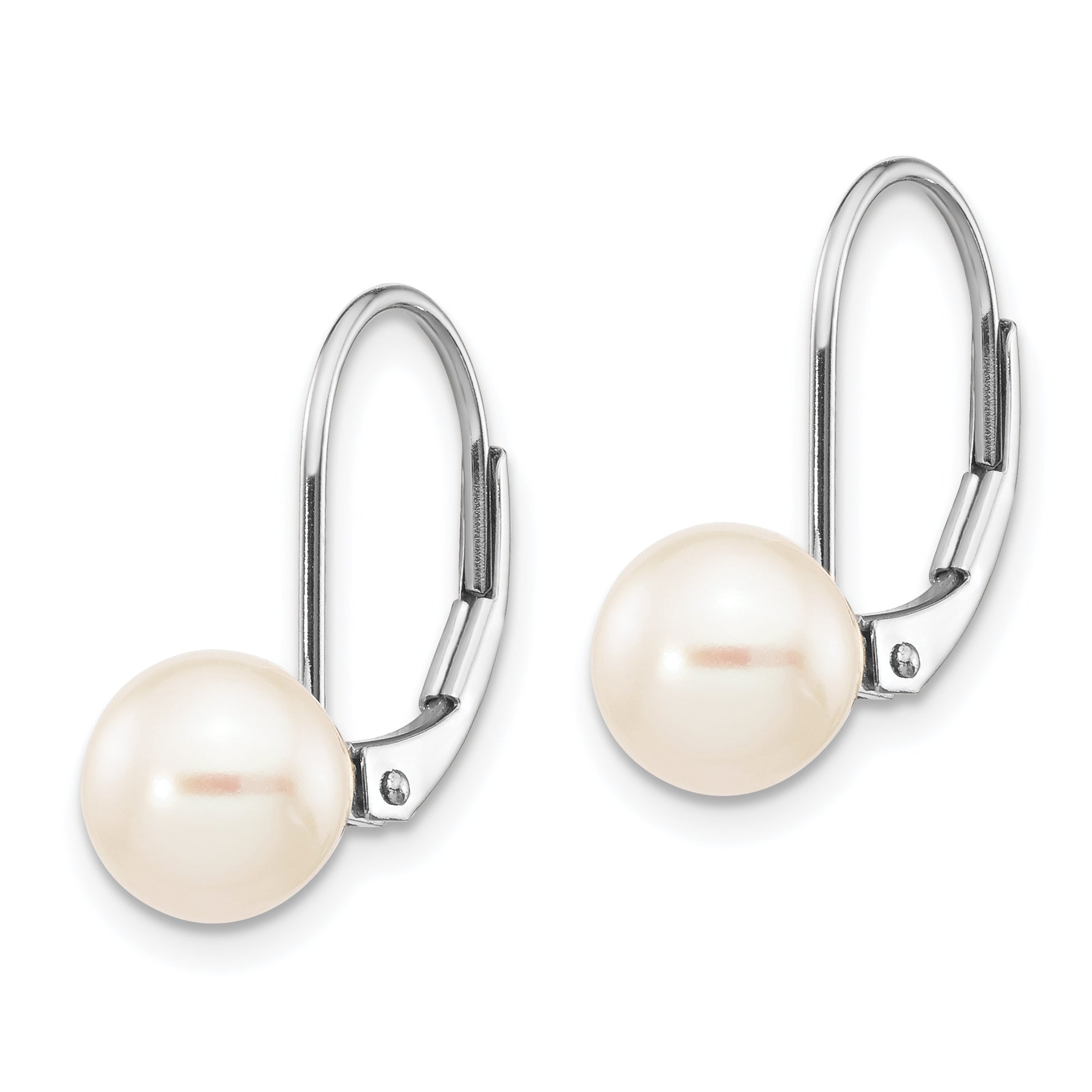 14k White Gold 7-8mm Round Freshwater Cultured Pearl Leverback Earrings