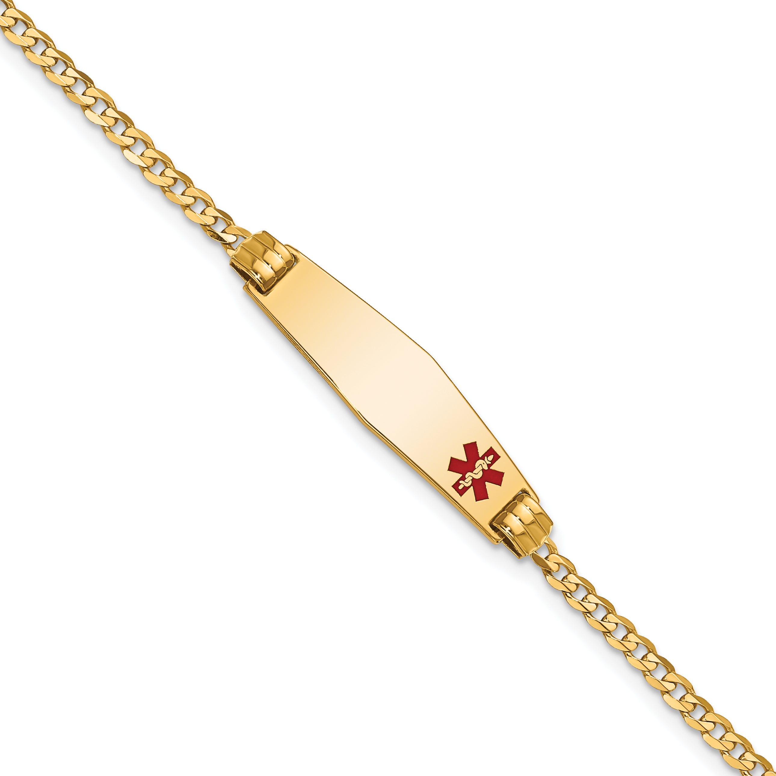 14K Medical Soft Diamond Shape Red Enamel Curb Link ID Bracelet