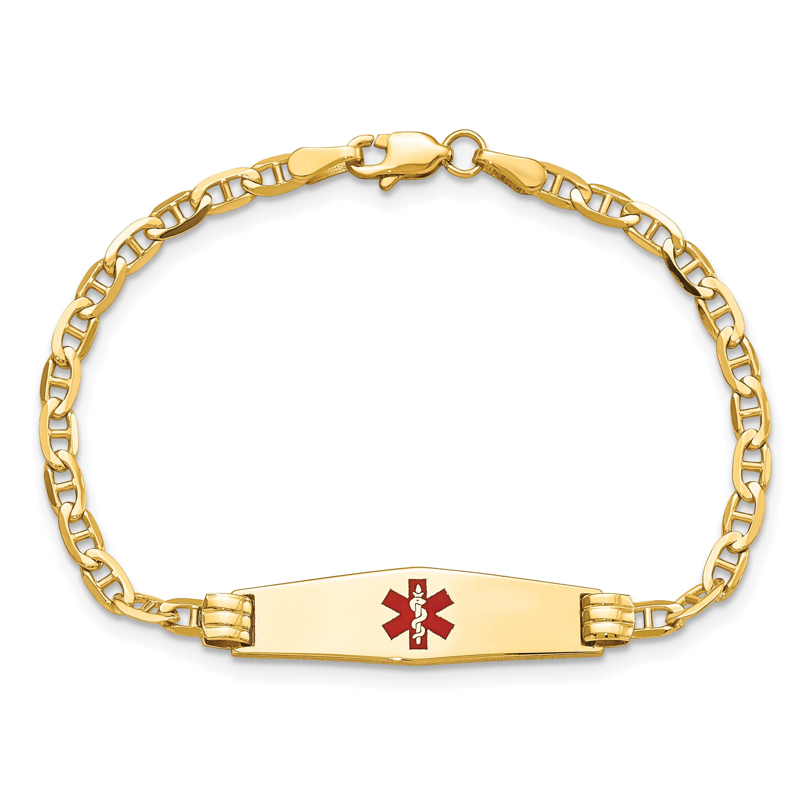 14K Medical Soft Diamond Shape Red Enamel Anchor Link Child ID Bracelet