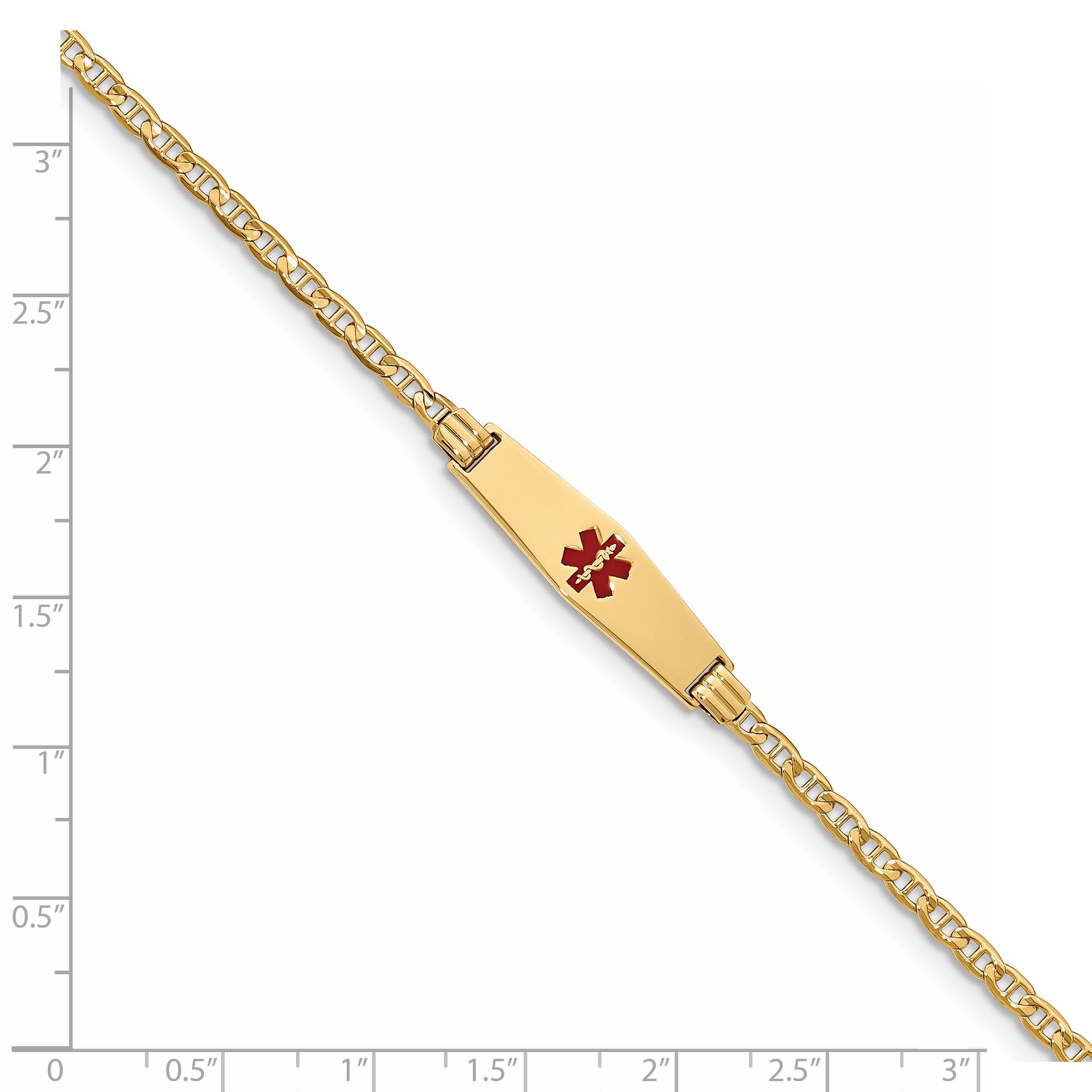 14K Medical Soft Diamond Shape Red Enamel Anchor Link Child ID Bracelet