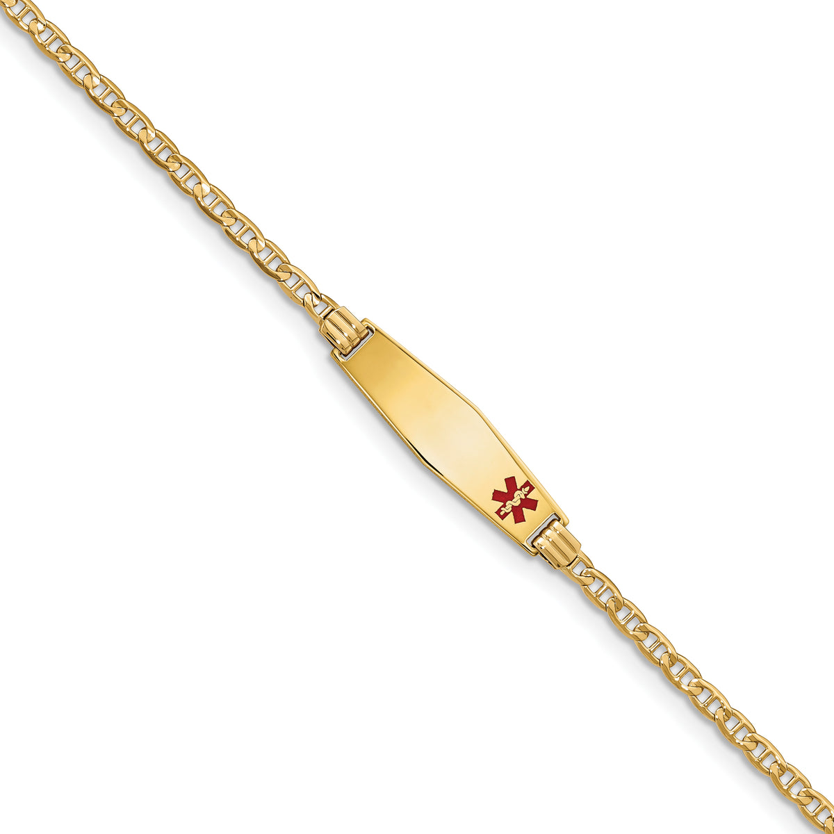 14K Medical Soft Diamond Shape Red Enamel Anchor ID Bracelet