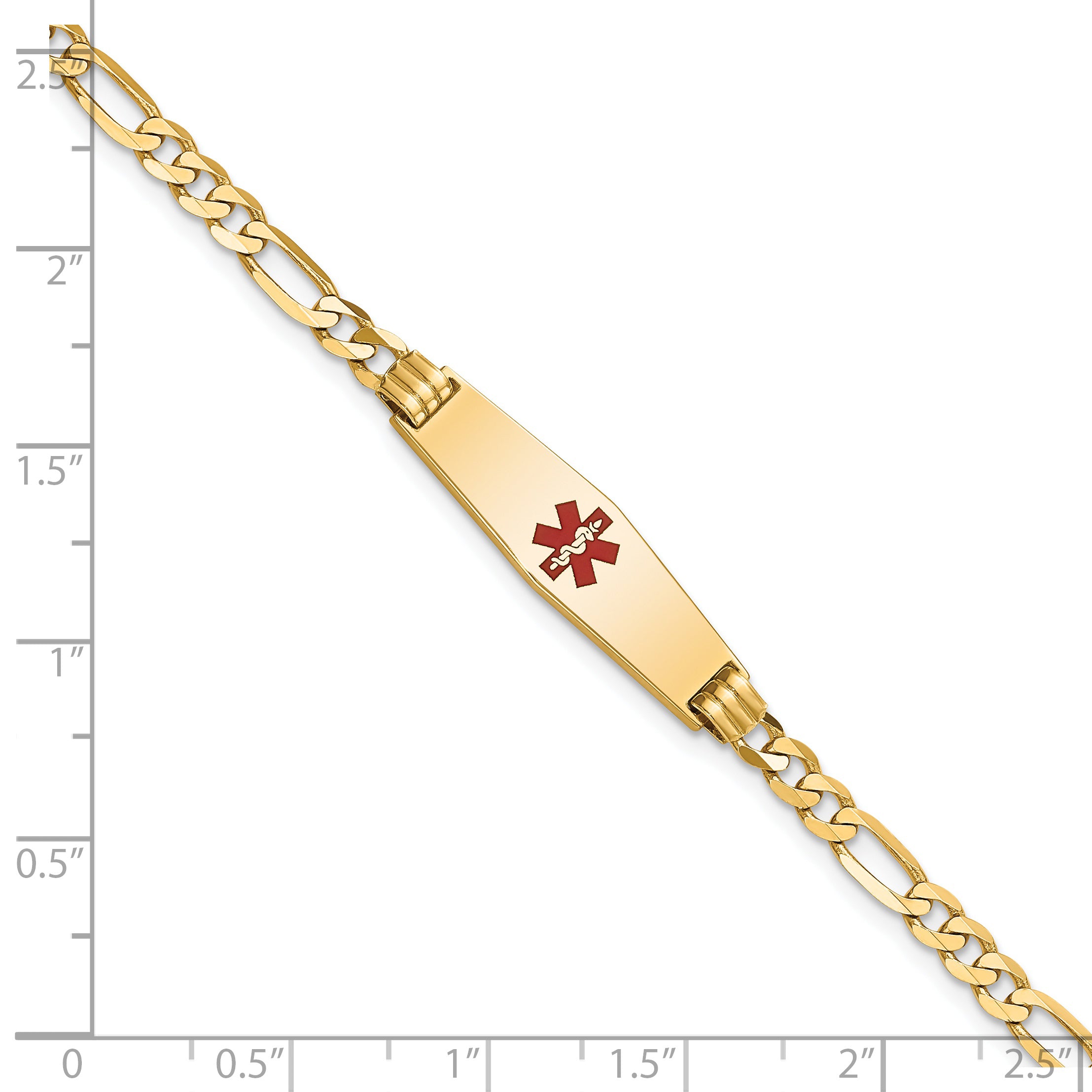 14K Medical Soft Diamond Shape Red Enamel Figaro ID Bracelet