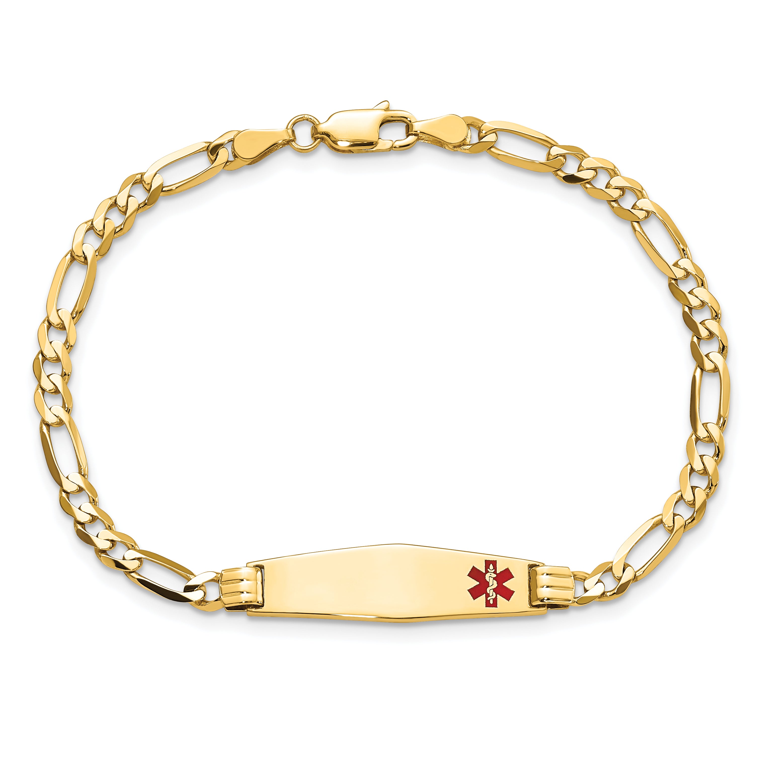 14K Medical Soft Diamond Shape Red Enamel Figaro ID Bracelet