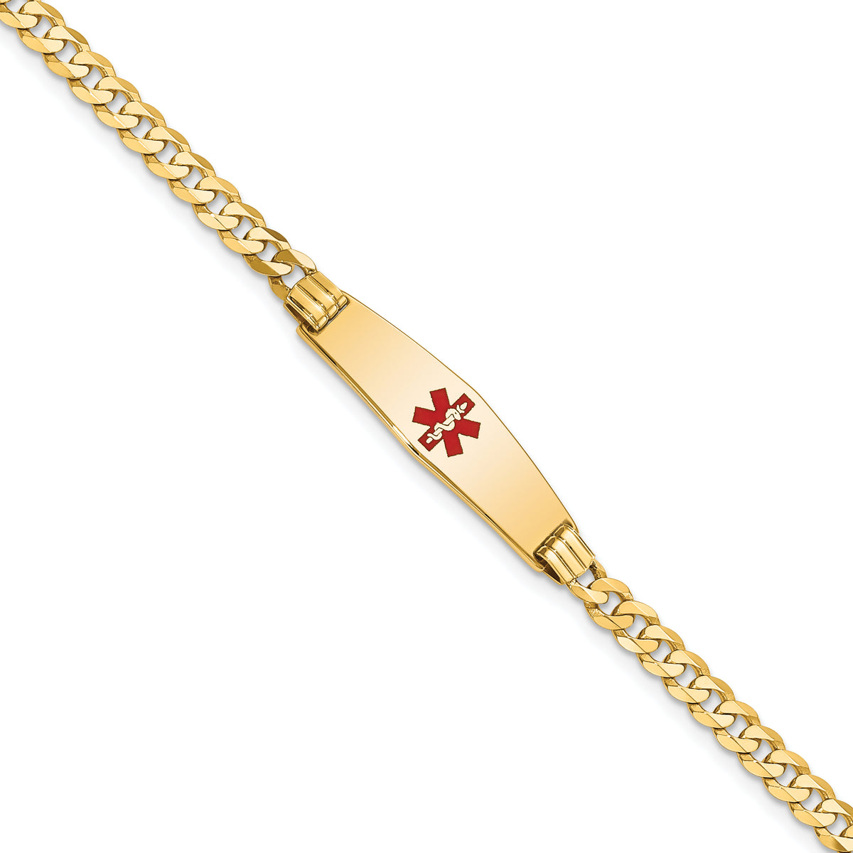 14K Medical Soft Diamond Shape Red Enamel Curb Link ID Bracelet