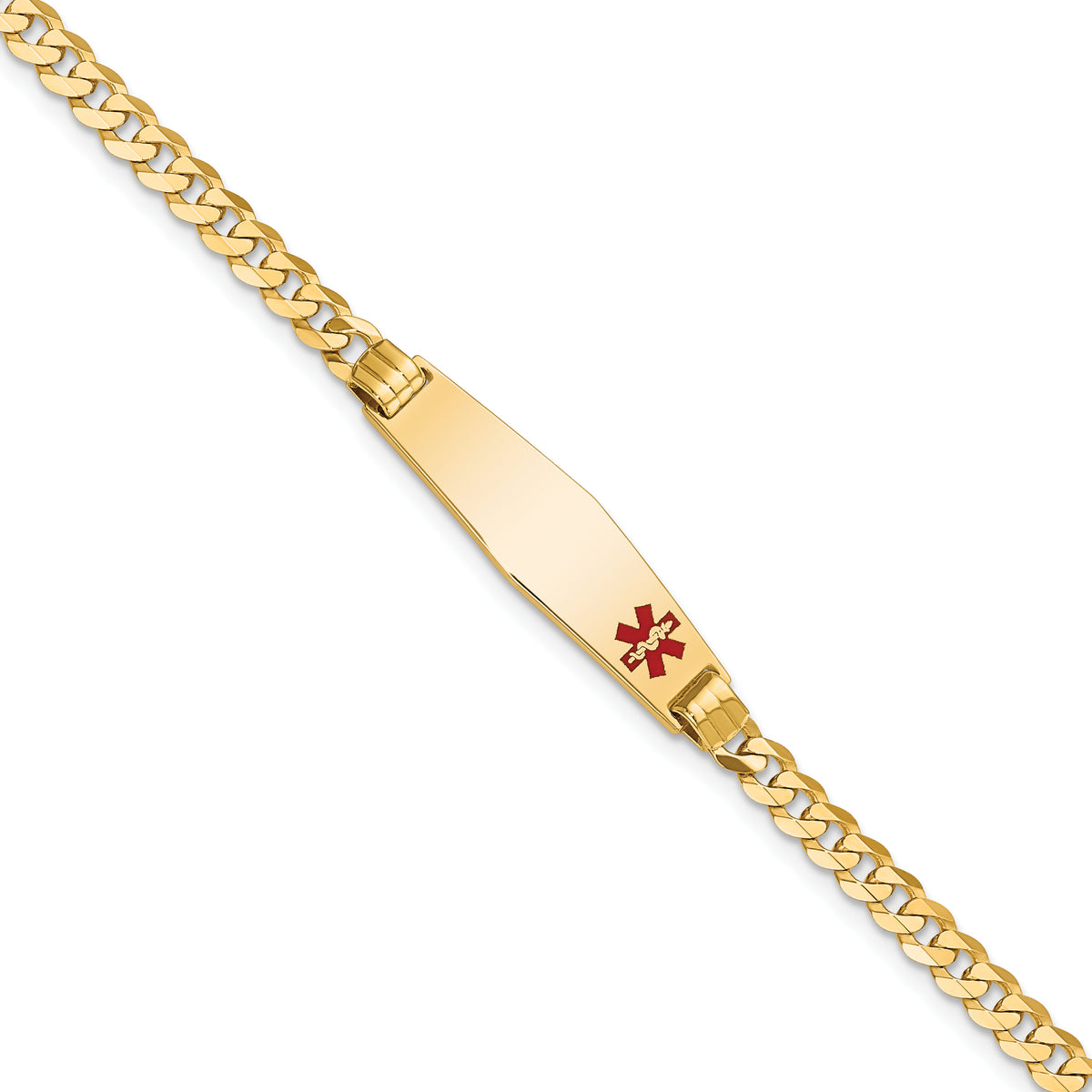 14K Medical Soft Diamond Shape Red Enamel Curb Link ID Bracelet