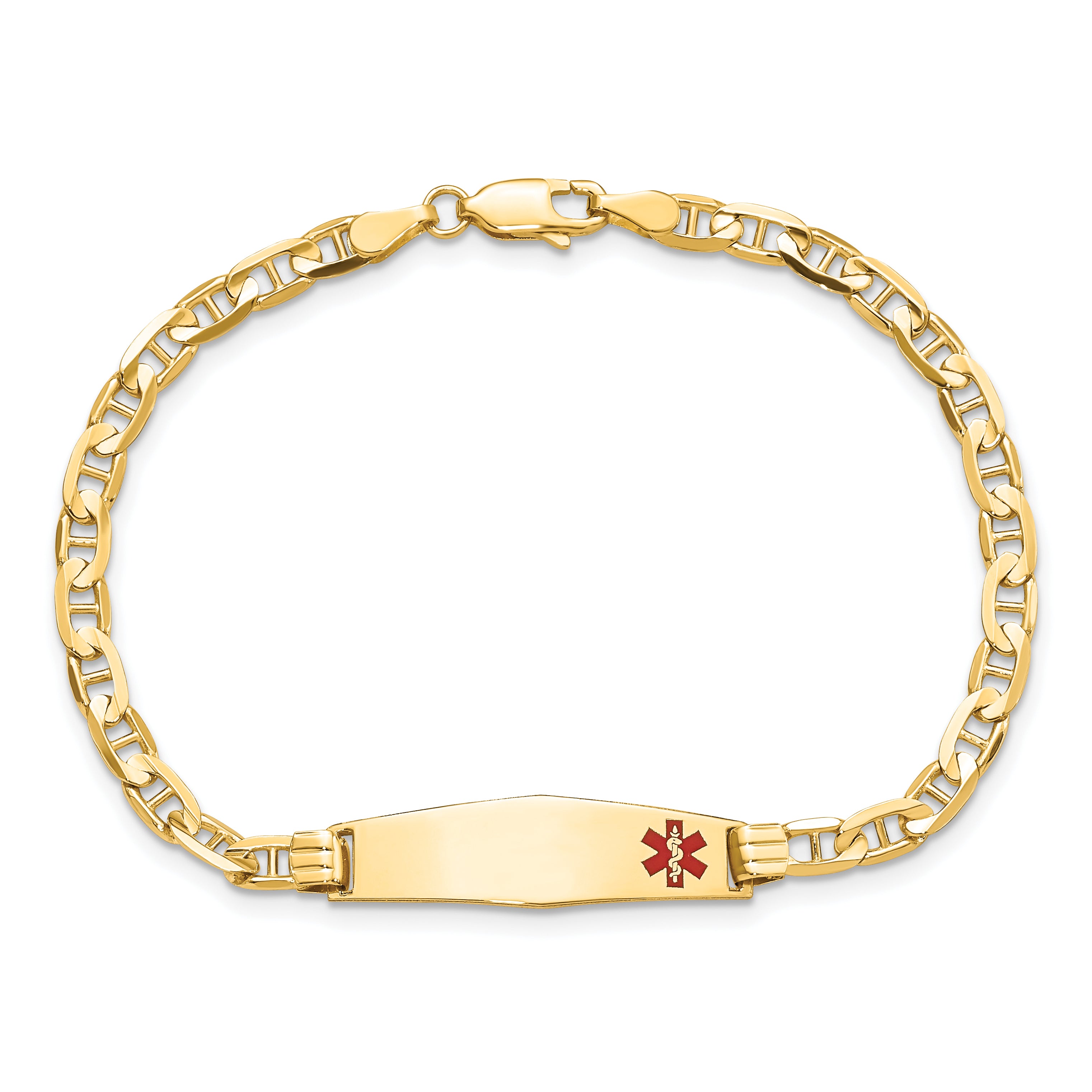 14K Medical Soft Diamond Shape Red Enamel Anchor Link ID Bracelet