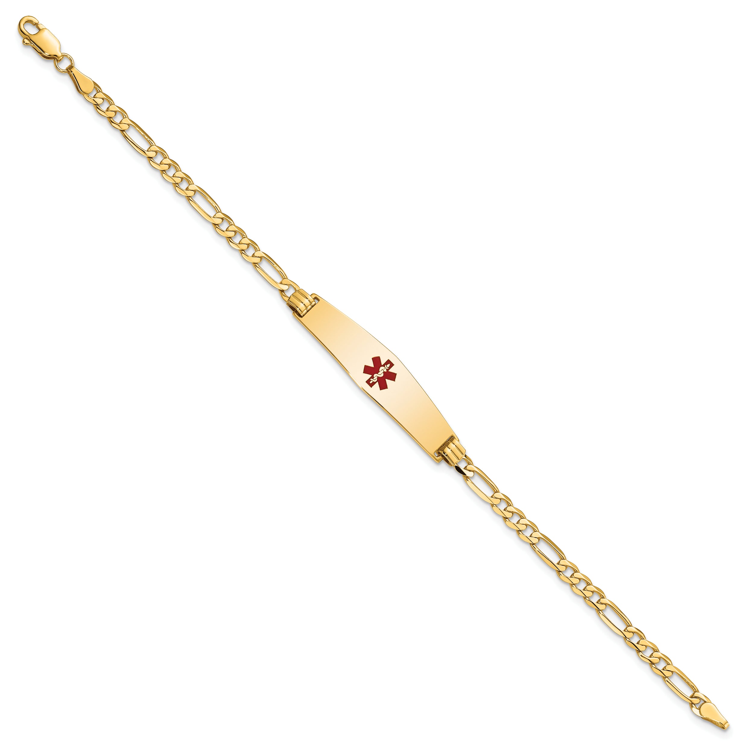 14K Medical Soft Diamond Shape Red Enamel Flat Figaro Link ID Bracelet