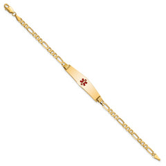 14K Medical Soft Diamond Shape Red Enamel Flat Figaro Link ID Bracelet